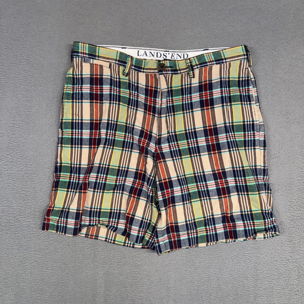 Lands End Shorts Mens 34 Multicolor Plaid Madras Flat Front Cotton Chino